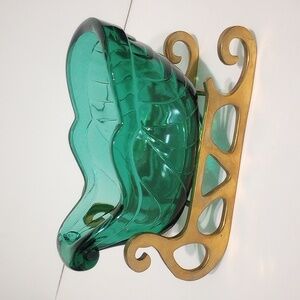 Vintage Fenton Green Glass & Brass Christmas Sleigh Candy Dish